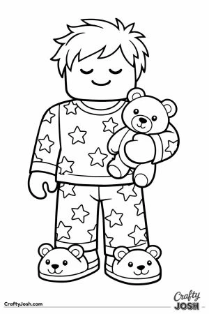Blocky fashion doll avatar in star pajamas holding a teddy bear