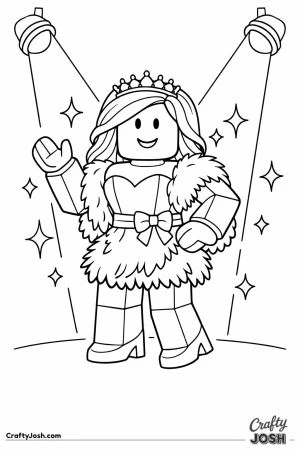 Blocky fashion doll avatar posing under bright runway spotlights