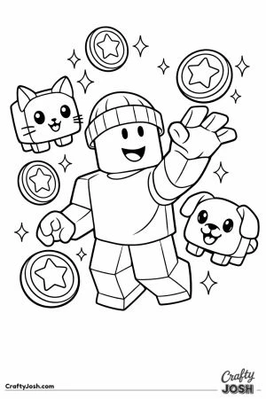 Blocky player avatar collecting floating star coins with two pets