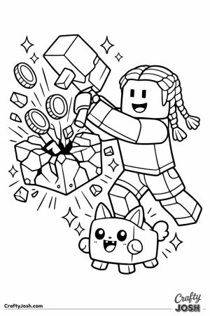 Blocky player avatar smashing a coin block as coins burst out