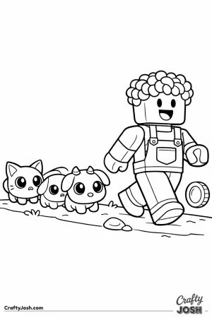 Blocky player avatar walking with a bobbing trail of three pets