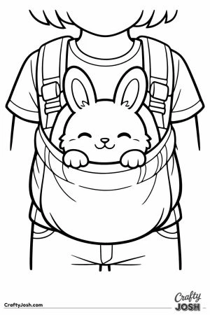 Bunny peeking out of a soft carry pouch on a childs chest