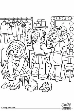 Busy backstage scene with blocky avatars getting ready to walk