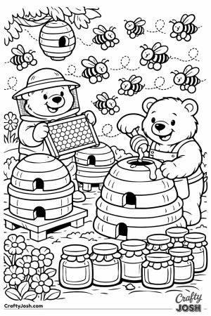 Busy hive area with bears tending hives and buzzing bees