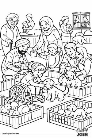 Busy pet adoption day with many pets and families choosing one
