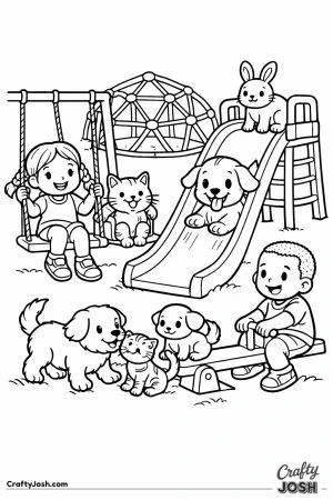 Busy pet playground with pets on a slide swings and a see saw