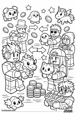 Busy trading plaza with avatars swapping pets and coins