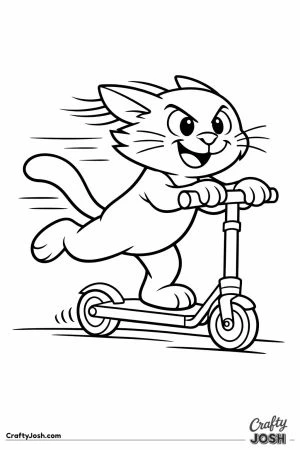 Cartoon cat zooming along on a scooter with ears in the wind
