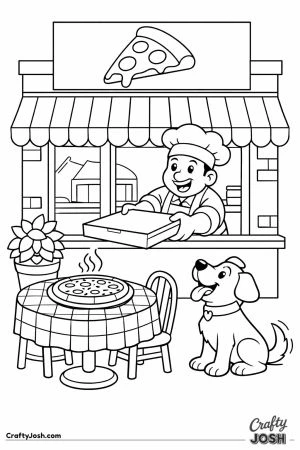 Cartoon pizza shop where an eager pet waits for a fresh pizza