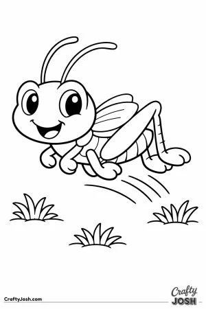 Cheerful cartoon grasshopper mid hop over the grass