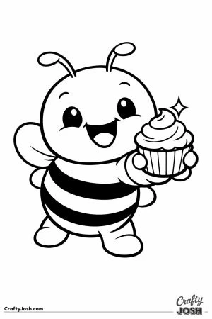 Cheerful chunky bee holding up a little sweet treat
