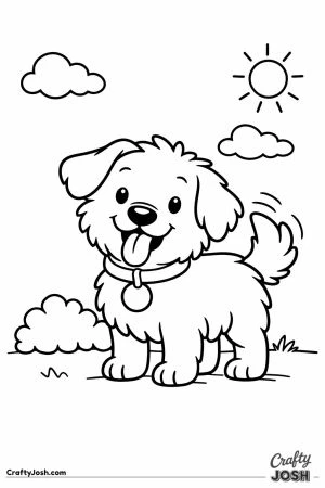 Cheerful fluffy dog wagging its tail in a simple yard