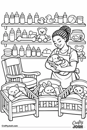 Cheerful pet nursery with baby pets in cribs and a caretaker