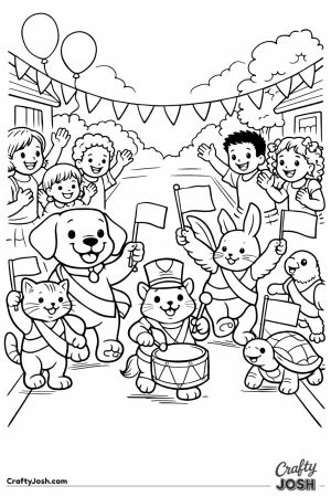 Cheerful pet parade marching down the street with flags and a drum