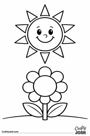 Cheerful smiling sun shining over a big flower for toddlers