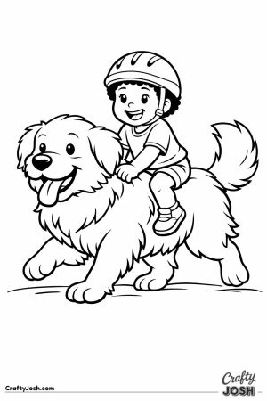 Child in a helmet riding on the back of a big friendly ride pet