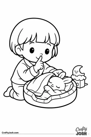 Child in pajamas tucking a sleepy bunny into its pet bed