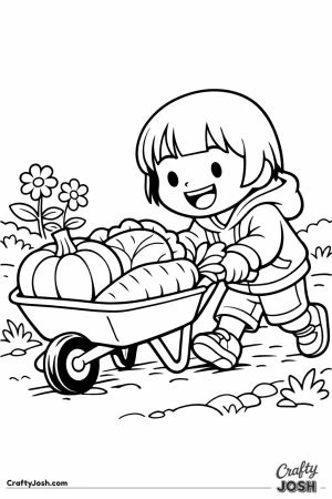 Child pushing vegetable wheelbarrow
