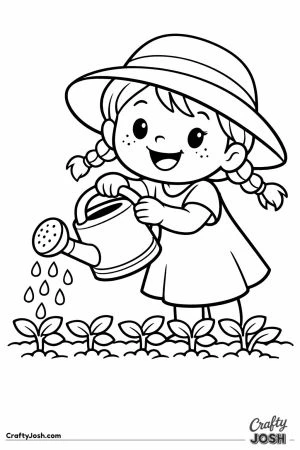 Child watering plant row