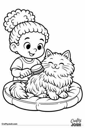 Child with a curly puff brushing a fluffy long haired cat