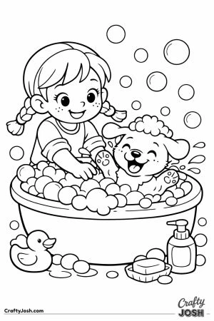 Child with braided pigtails washing a puppy in a bubbly tub