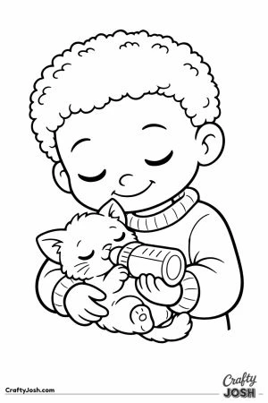 Child with coily hair feeding a baby kitten from a bottle