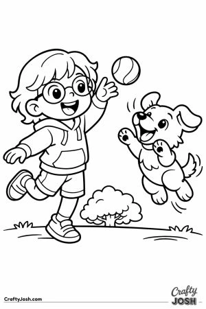 Child with glasses tossing a ball for a leaping puppy