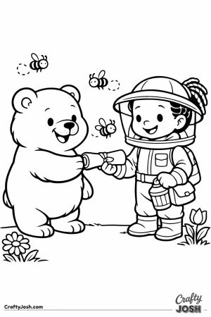 Chunky bear handing a quest scroll to a young beekeeper