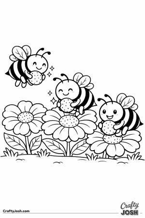 Chunky bees collecting glowing pollen from a row of flowers