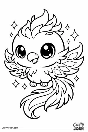 Chunky game style pet phoenix with flame shaped feathers and sparkles