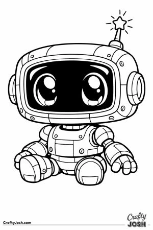 Chunky game style robot pet with an antenna and glossy screen eyes