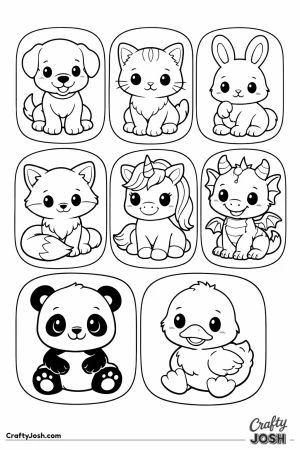Collection grid showcase of many different cute pets to color
