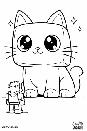 Colossal huge game pet cat towering over a tiny amazed player avatar