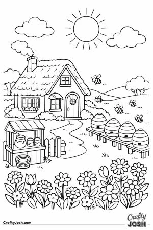 Cozy beekeepers cottage with a flower garden and rows of hives