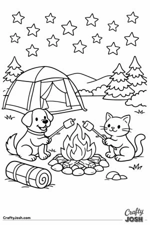 Cozy campsite with two pets toasting marshmallows by a tent
