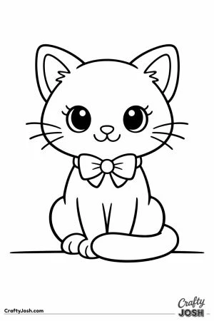 Cute cartoon cat sitting neatly with a bow on its collar