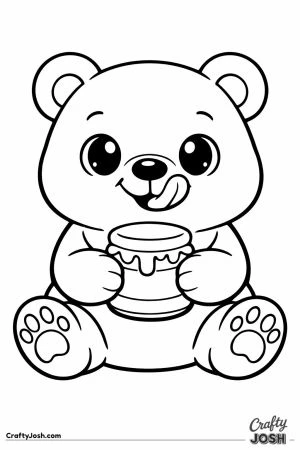 Cute chunky bear sitting and holding a little honey jar