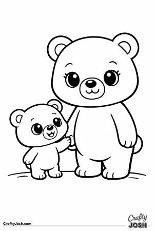 Cute chunky mama bear holding paws with her little cub