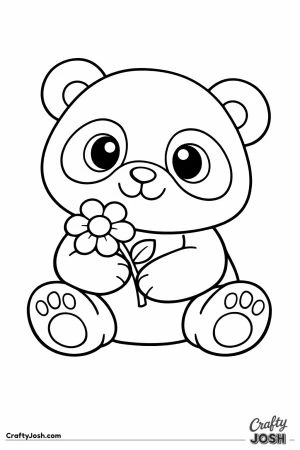 Cute chunky panda bear sitting and holding a flower