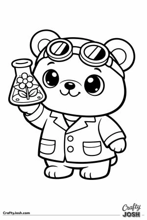 Cute chunky science bear with goggles holding a flower beaker