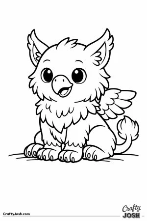 Cute griffin cub with fluffy wings sitting cheerfully