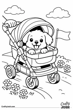 Cute puppy riding in a pet stroller with a little canopy