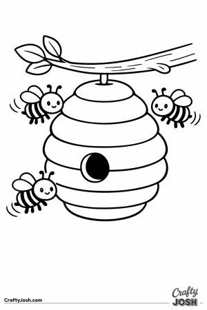 Cute rounded beehive with a few bees buzzing around it