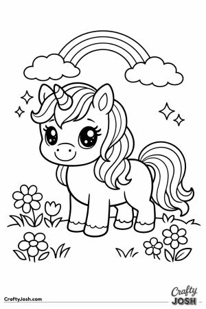 Cute unicorn foal with a spiral horn in a flowery meadow