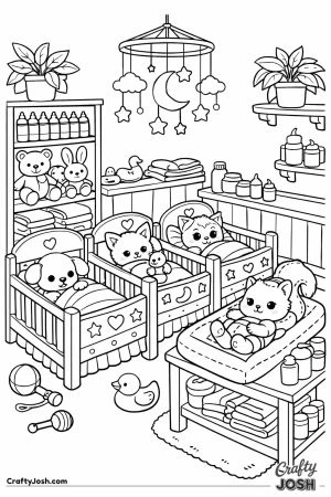 Detailed pet nursery interior full of cribs bottles and baby pets
