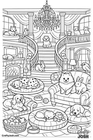 Elaborate dream pet mansion interior crowded with lounging pets