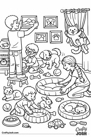 Family decorating a cozy home thats happily full of playful pets