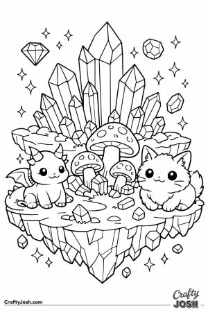Fantasy crystal game zone with faceted crystals and floating pets