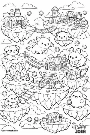 Fantasy floating world panorama with many islands shops and pets