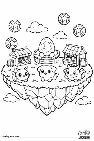 Floating spawn island game world with shops coins and bobbing pets